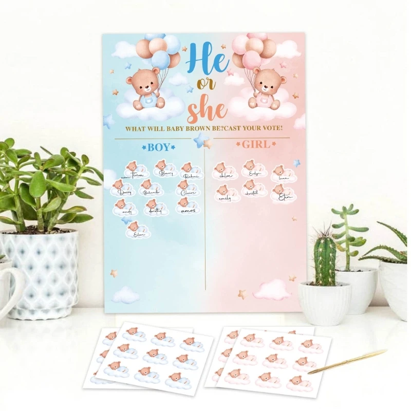 E5BB Gender Reveal Game for Baby Shower with Poster 36pcs Bear Girl or Boy Voting Stickers for Gender Reveal Use Party Supply