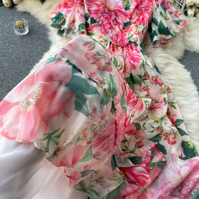 Elegant Party Dress Women Chiffon Printed Floral Long Dresses Ladies Short Sleeve Sexy V-neck Beach Maxi Dress Vestidos
