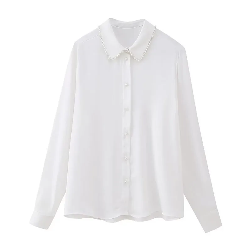 

2023 Women Fashion Faux Pearl Decoration White Blouse Vintage Long Sleeve Button Up Female Shirts Blusas Chic Tops