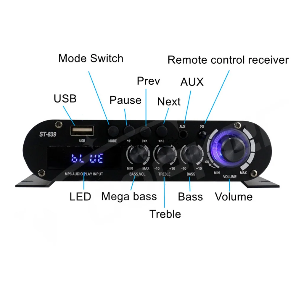 ST-839 HiFi 2.1 Channel Power Amplifier 25W*2+40W Subwoofer Amplifier Sound Amp