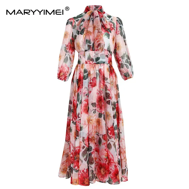 

MARYYIMEI Fashion Designer Runway dress Spring Women Dress Bow collar Floral-Print Bohemia Vacation Elegant Chiffon Dresses