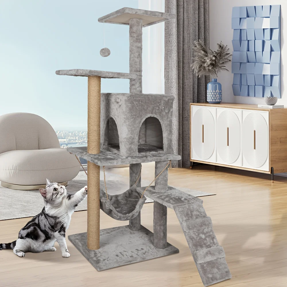 A stable three-layer indoor cat climbing frame with scratch posts, 1 apartment, 1 staircase, 2 resting platforms and 1 hanging