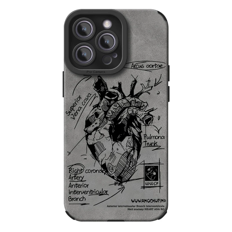 Elegant Black Heart Phone Case with Artificial Leather Suede and Brown Cover