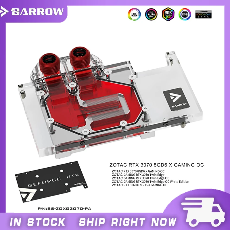 Barrow 3070 GPU Water Block for ZOTAC Geforce RTX 3070 X GAMING OC, Full Cover ARGB GPU Cooler