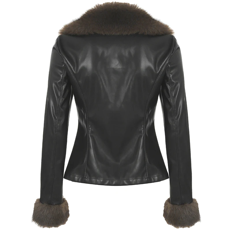 Faux Leather Fur Turndown Collar Jacket Korean Stylish Winter Cardigan Coat Punk Vintage 90s Women Outwear Chic Fall