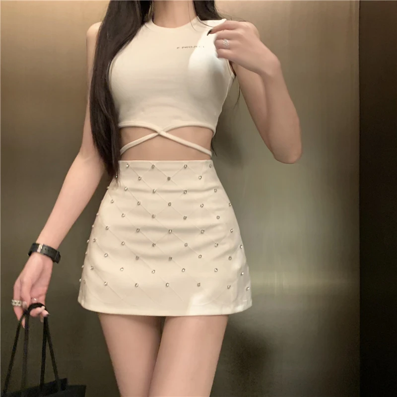 

Luxury Runway Crystal Beading Skirts Women 2024 Summer Elegant High Waist White Jupe Femme Korean Short Skirt Fahsion Clothing