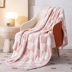 Cozy Pink White Plaid Plush Throw Blanket - Super Soft & Warm - 100x150cm (1pc)