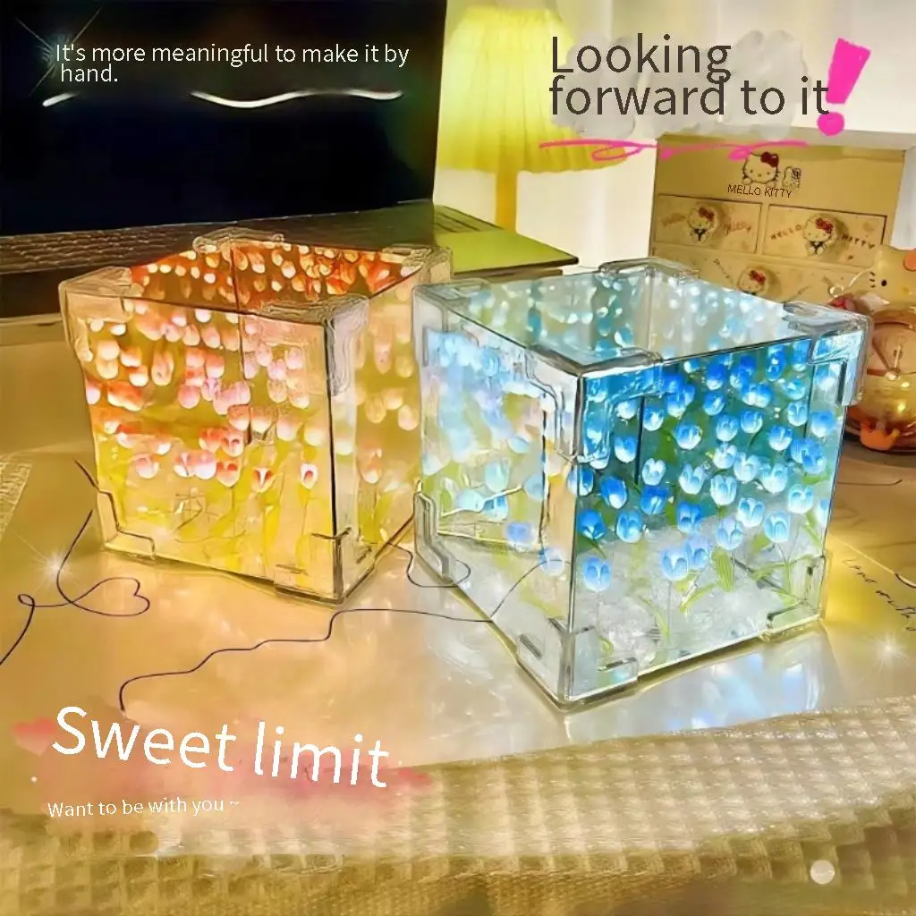 Flower Night Light Material Package 1pcs Handmade DIY Flower Cube Tulip Stereo For Girlfriend Couple Birthday Gift