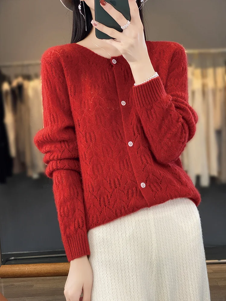 2024 Spring Autumn Women Cardigan Knitwear 100% Merino Wool
