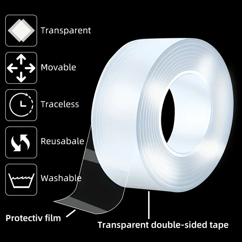 Extra Strong Double-Sided Transparent Nano Tape - Reusable, Waterproof Adhesive for Home Use (Multiple Lengths Available)