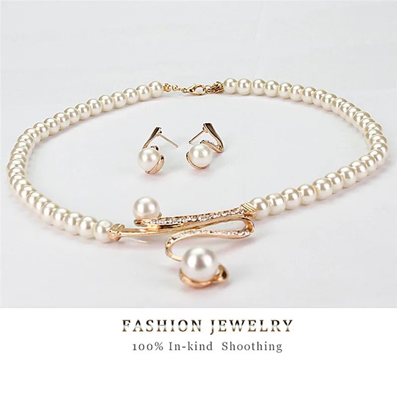 New Women Bridal Wedding Party Pearl Rhinestone Necklace Earrings Jewelry Set