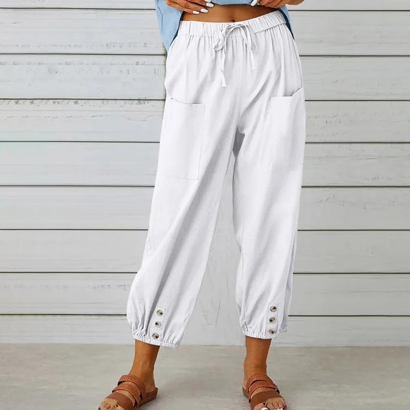 

Spring Summer Thin Women's Clothing Lacing Pocket Patchwork Buttons Elastic Waist Pleated Simplicity Fashion Loose Cargo Pants