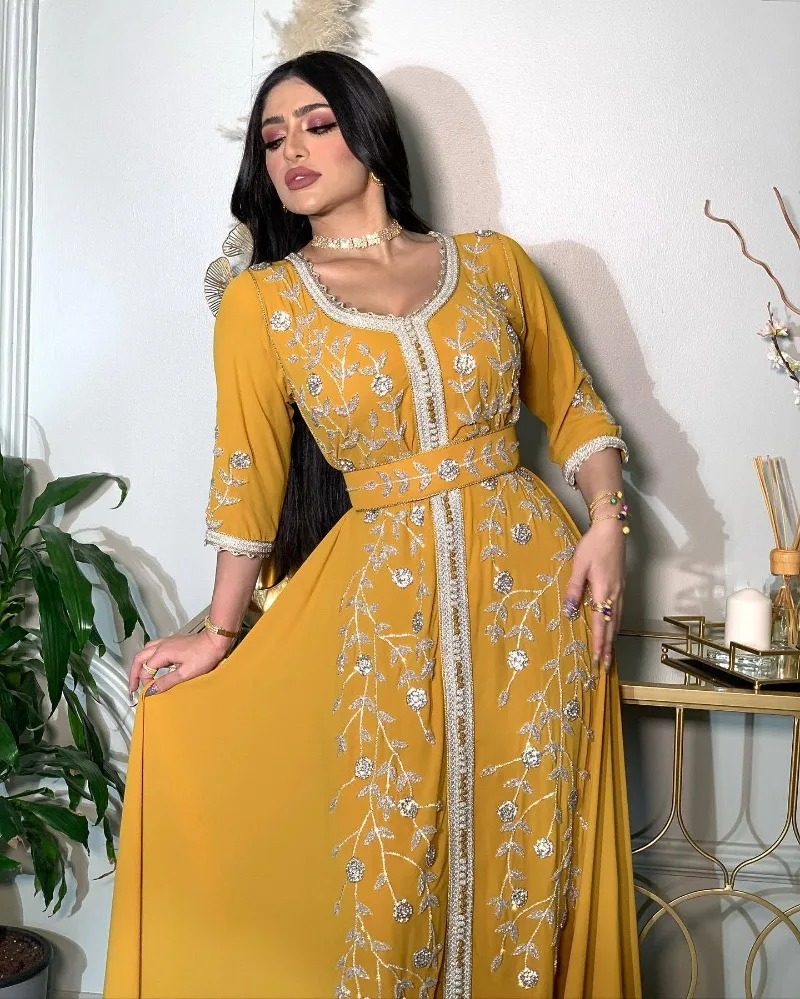 Dubai Caftan Hot Drill Yellow Kaftan Gown U-neck 5/4 Sleeve Waist Retraction Long Skirt