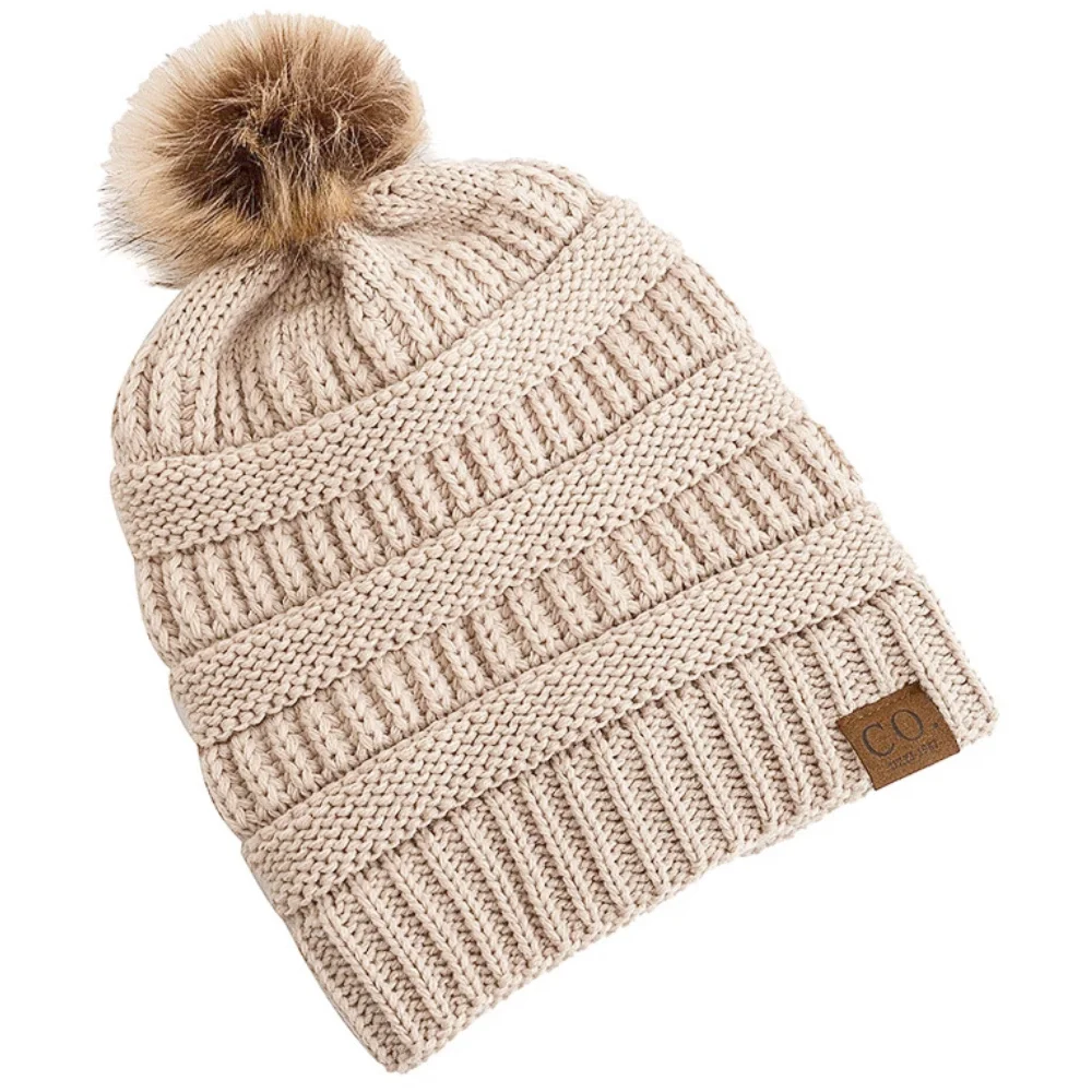 New Fashion Anti-Static Winter Hat Satin Thermal Faux Fur Pompoms Beanies Hat Women Girl Outdoor Chic Hats