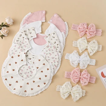 2 set di cotone neonato fazzoletto tovagliolo di cotone per bambini con bordo in pizzo nodi a farfalla fascia larga copricapo foulard bavaglino set