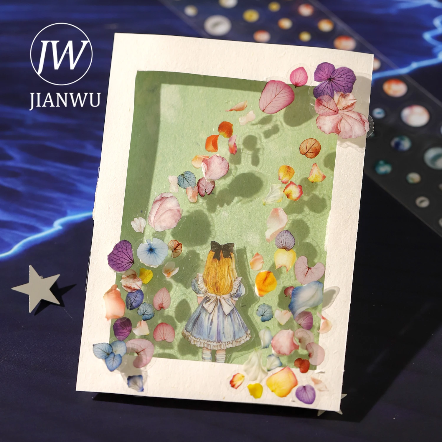 JIANWU 럭키 스타리 레인 시리즈 빈티지 꽃잎 다이아몬드 스타 풍경 소재 콜라주 PET 테이프 크리에이티브 DIY 저널 문구