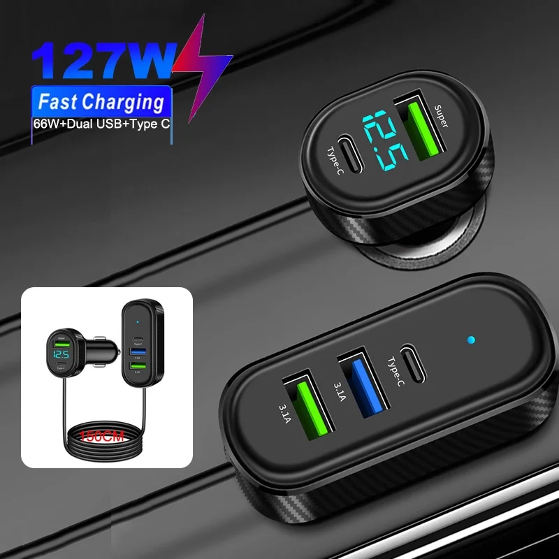 Caricabatteria da auto Super 66W Ricarica rapida USB Tipo C 3.1A Ricarica con rilevamento della tensione con cavo di prolunga da 1,5 M Caricatore per telefono
