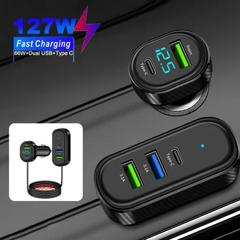 Caricabatteria da auto Super 66W Ricarica rapida USB Tipo C 3.1A Ricarica con rilevamento della tensione con cavo di prolunga da 1,5 M Caricatore per telefono