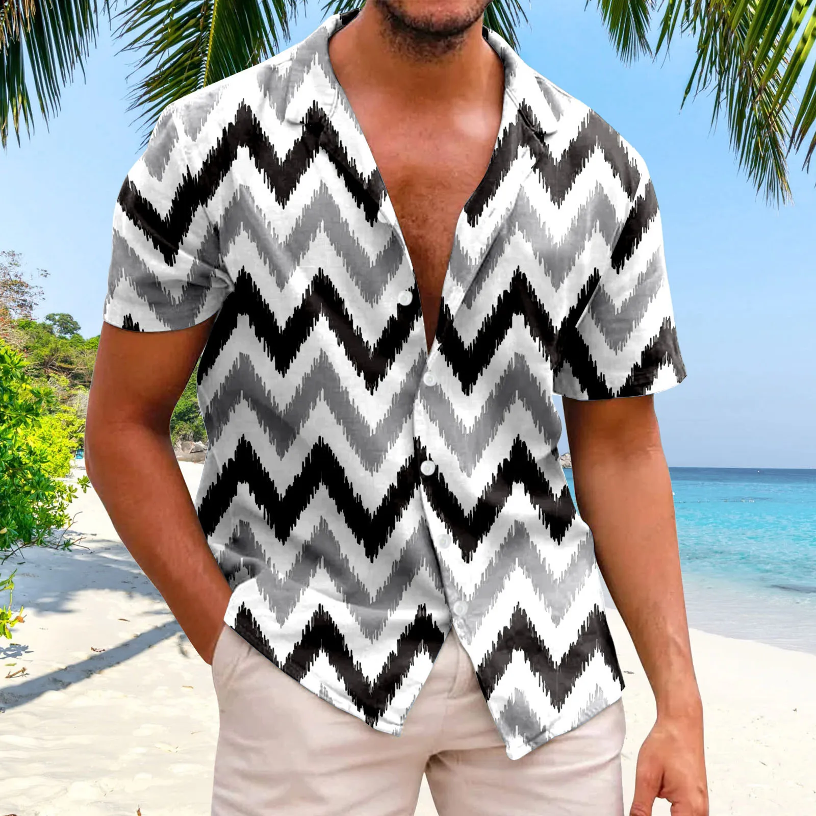Men'S Simple Classic Short Sleeved Shirt Cotton Linen Geometric Print Shirt Button Down Short Sleeve Hawaiian Shirt Summer