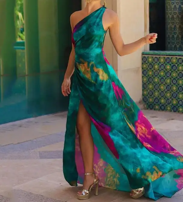 

Elegant Party Dresses for Women Elegant One-Shoulder Sleeveless Dress In Print Ashion 2023 Summer Casual Female Clothing