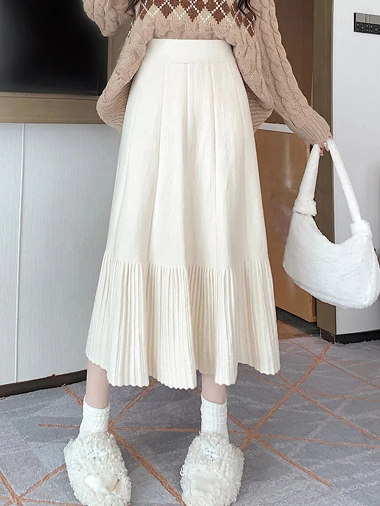 

Long Skirts Women Autumn Winter Knitted Skirt Female Korean Fashion Pleated Skirt Ladies Preppy Style High Waist A Line Skirts