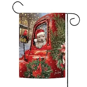 Garden flag with puppy wearing Santa hat in red truck