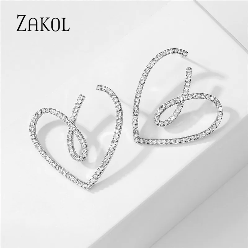 ZAKOL Fashion Hollow Heart Shape Stud Earrings for Women Cubic Zirconia Earring Party Office Jewelry EP2944