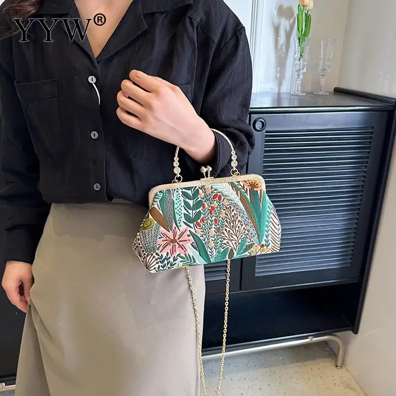 Metal Top Handle Clutch Handbag Fashion Chinese Embroidered Floral Prom Cocktail Party Evening Purse for Women Shoulder Soft Bag