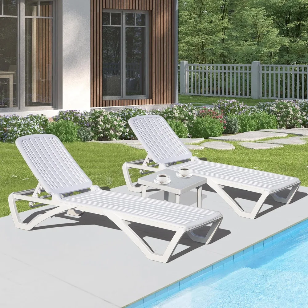 

Patio Chaise Lounge Set of 3,Outdoor Lounge Chair,Stackable Tanning Lounge Chair w/Wheels,Side Table,for Garden Lawn Pool,White