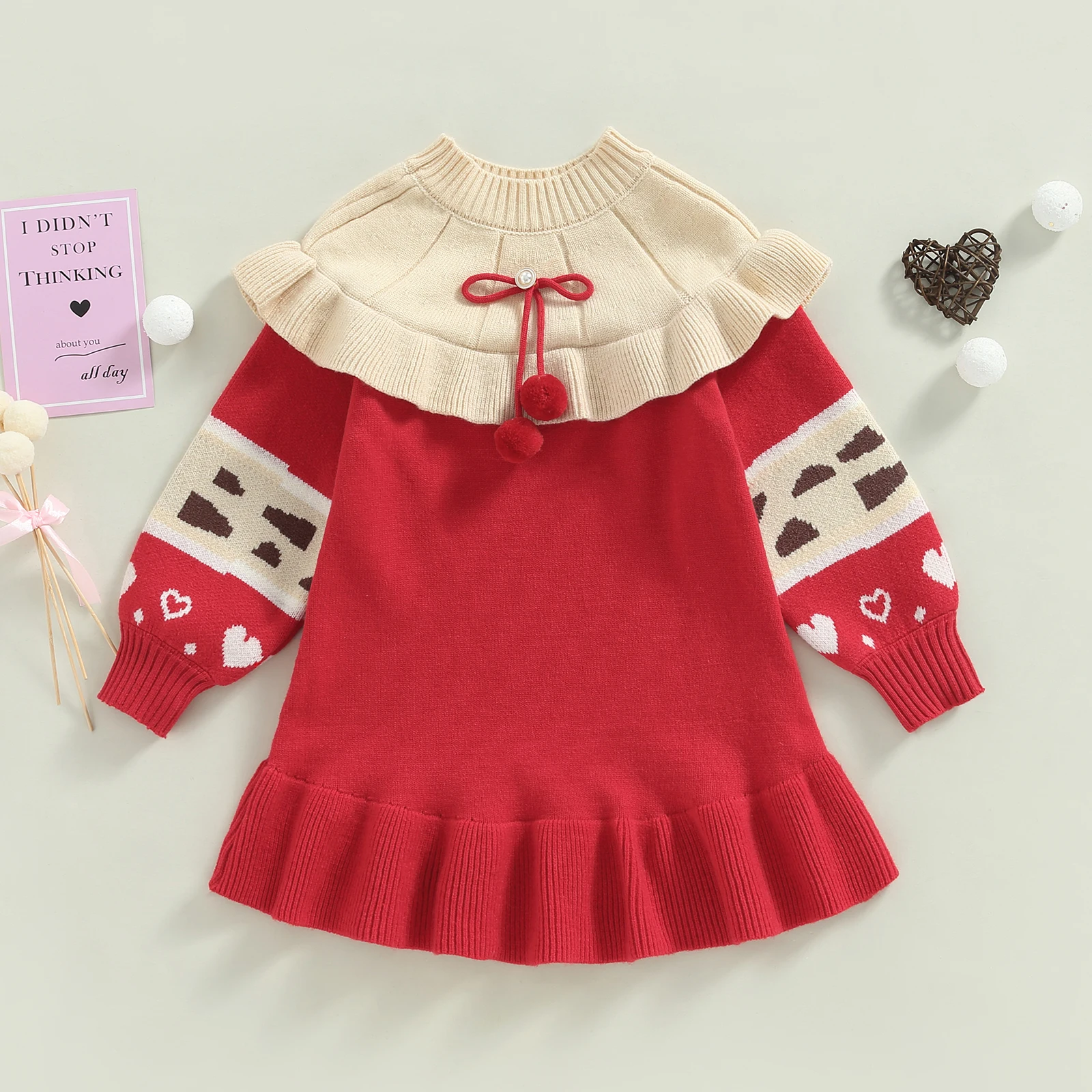 

EWODOS 2-7T Little Kids Girls Knitted Dress Winter Autumn Long Sleeve Round Neck Ruffle Hanging Ball Patch Color Party Red Dress