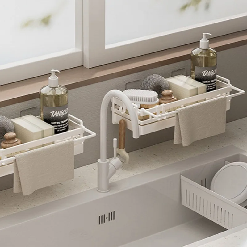 

Kitchen Sink Sponge Holder with Removable Drain Tray Soap Dispenser Caddy Organizer for Dish Cloth Sink Stoppers Brushes