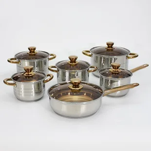 Stainless Steel 12piece Pot Set with Gold-plated Handle Double-bottom Pot  Kitchen Cooking Pot Set with Glass Lid Without Coating - AliExpress