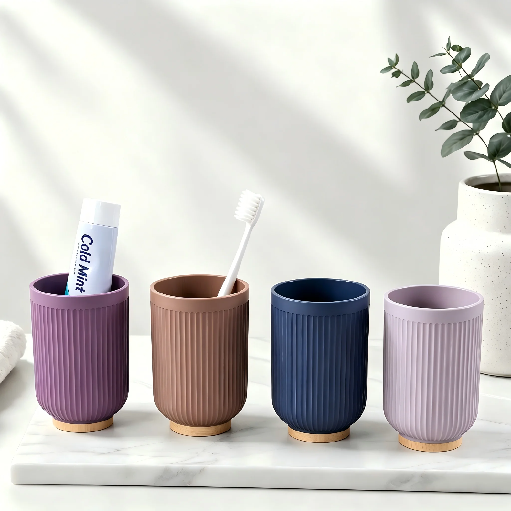 Copos para enxaguante bucal listrados em 5 cores com base de bambu, copos de ABS, porta-escova de dentes, estilo leve e luxuoso, organizador de banheiro._voghion.com