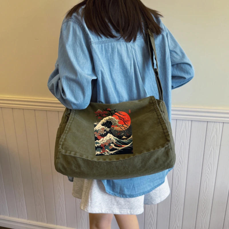 Artistic Women's Shoulder Bag Japanese Wave Print Large Capacity Canvas Crossbody Messenger Bag