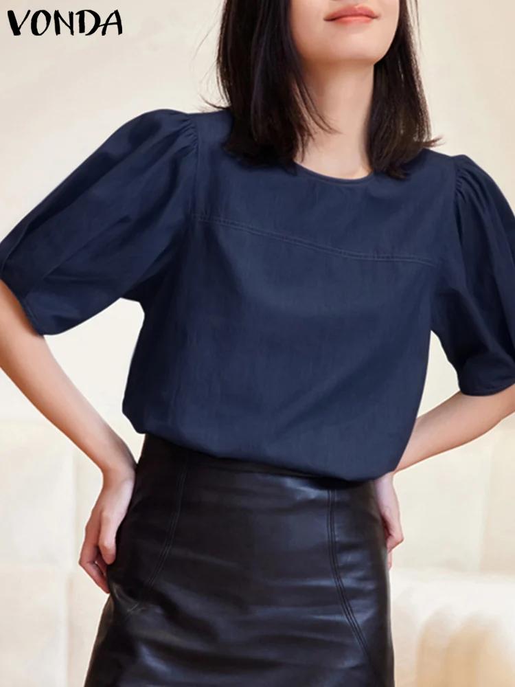 

Women Elegant Shirts 2023 VONDA Lady Office Blouse Summer Tops Fashion Casual Puff Sleeve Blouse Sexy Solid Color O Neck Fashion