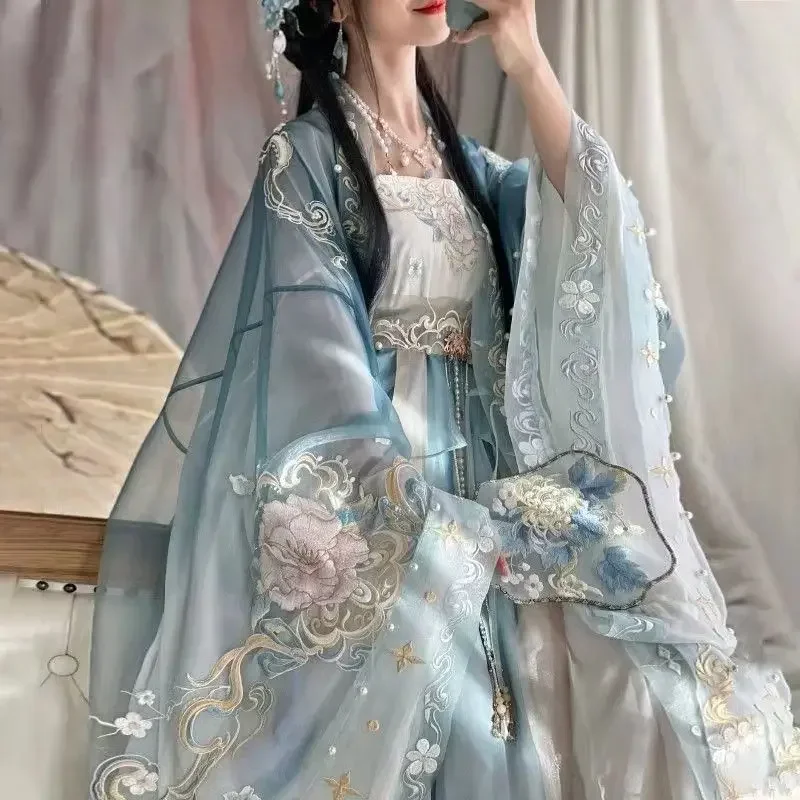 Chinese Hanfu Women's White Tea Hezi Skirt Heavy Industry Embroidery Printing Gradient Super Immortal Performance Dress