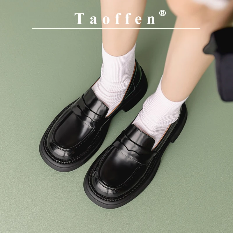 

Taoffen Casual Loafers For Women Genuine Leather Square Heel Buckle Pumps Mature Round Toe Slip-On Office Lady Commuting Shoes