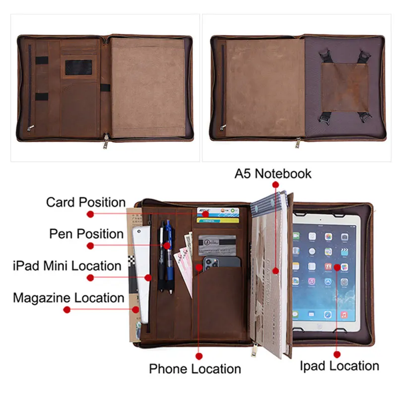 Padfolio with Zipper Genuine Leather Briefcase Portfolio Folder for Ipad Business Card Notebook Organizer File Package leather folder office padfolio