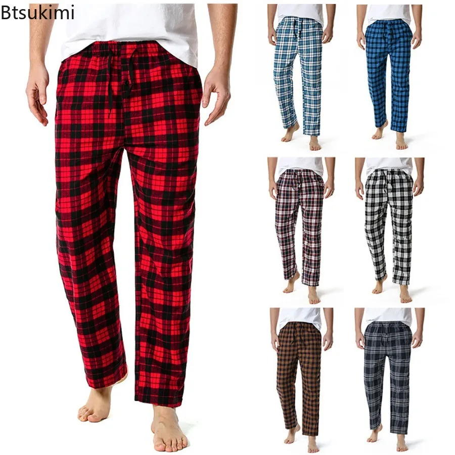 men s cotton gauze trousers plaid knitted sleep pants men pajamas pants sleep bottoms sleepwear pajama for men pijama hombre 2024 Men's Casual Plaid Pajamas Pants Lounging Relaxed Homewear Trousers Straight Yoga Pants Cotton Drawstring Sleep Bottoms Men