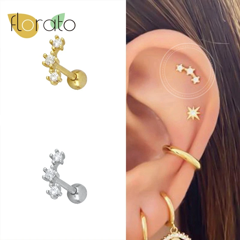 

925 Sterling Silver Needle Fashion Simple White Star/Round Zircon Earrings for women Perforated Earstuds party Luxury Jewelry