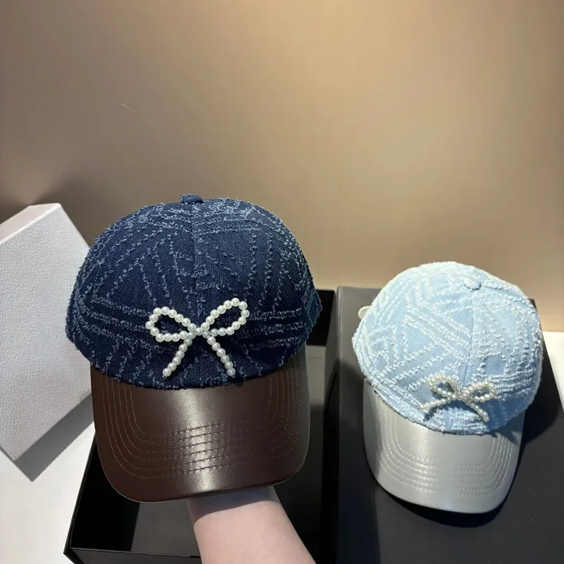 

2024 Spring/Summer New Tassel Leather Hat Brim Baseball Cap Korean Version Fashionable Pearl Bow Women's Sunshade Hat BQ2285