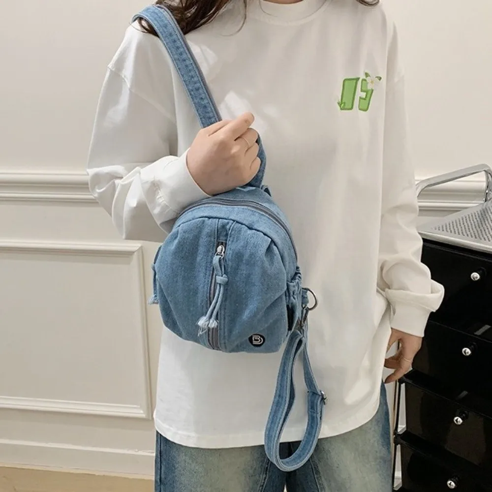 Elegante Zaino in Denim Morbido, Borsa a Tracolla Leggera Vintage Lavata, Mini Borsa da Viaggio Multiuso Versatile per Uso Casual - immagine 4
