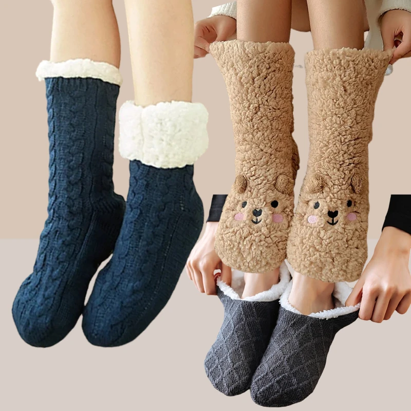 Women's Warm Solid Color Floor Socks Non Slip Plush Knitted Coral Fleece Socks No Show