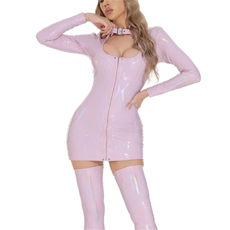 706200-25bf73.jpg Sexy Patent Leather Skinny Stretch Dresses Women Front Zipper Cardigan Dress Stand-up Collar Short Gown Female Long Sleeve Frock - Image 1