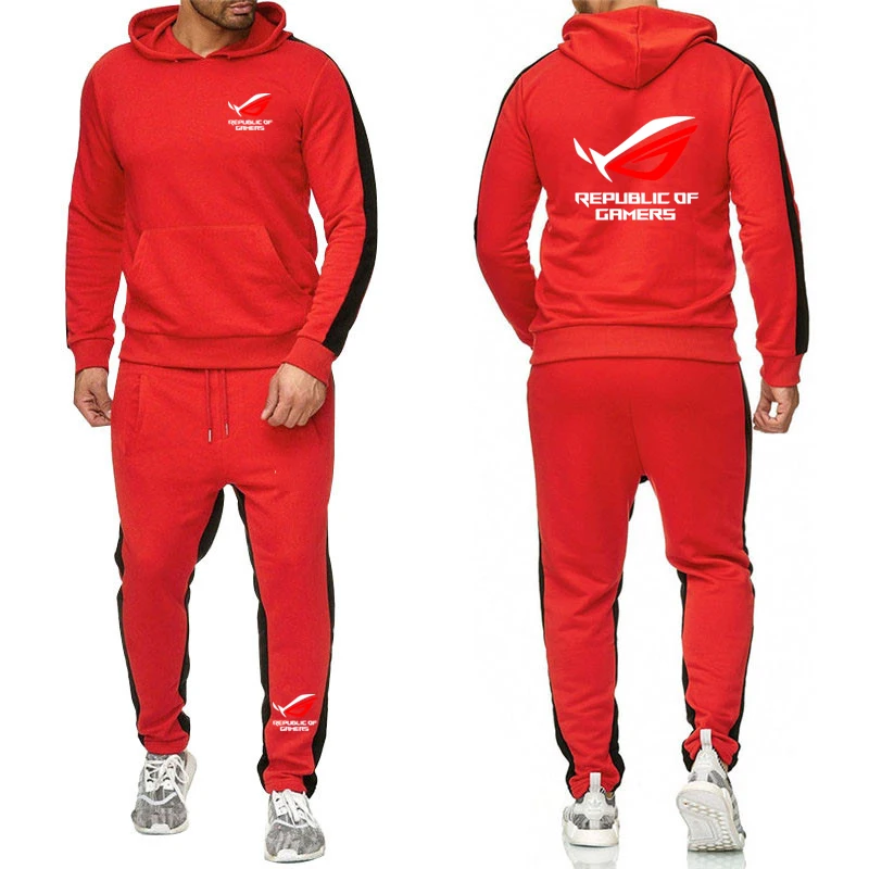 Men ROG Republic Of Gamers Tracksuit Hoodies Solid Color Thick Pullover Long Pant 2-piece Set Autumn Fleece Jogger Sports Suit 4