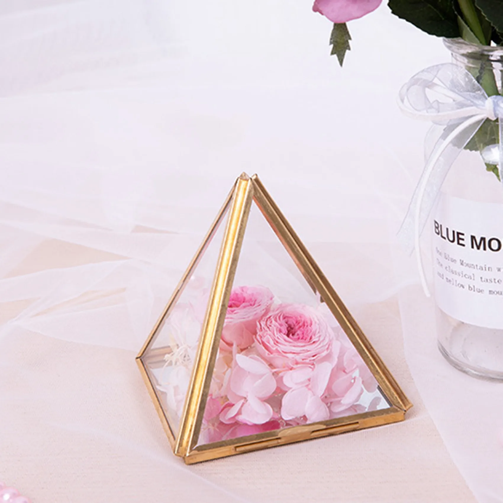 Glass Jewelry Box Golden Geometric Decorative Box Geometric Glass Pyramid Ring Holders for Wedding Birthday Gift S 4