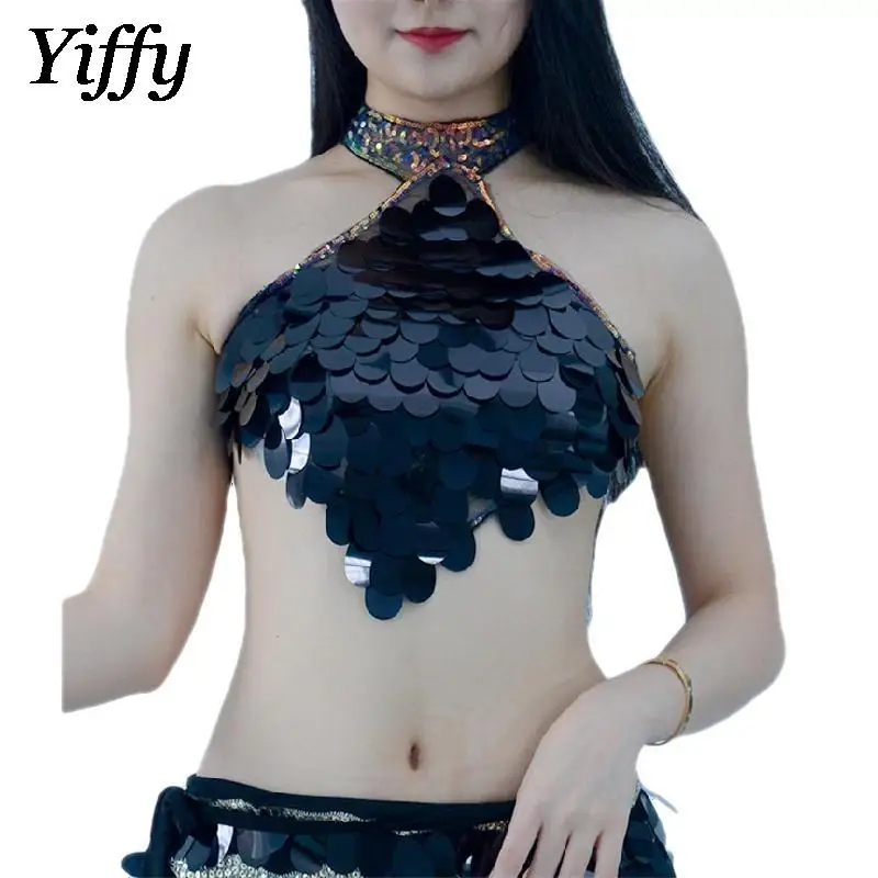 

Belly Dance Sequin Tassels Halter Top Adult Sexy Wrapped Chest Open Belly Performance Dress Stage Dance Performance Crop Tops
