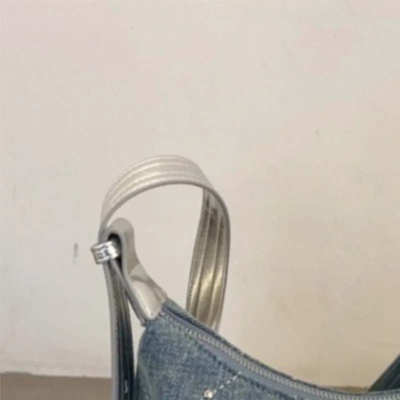 JIAERDI Blue Hotfix Denim Handbag Women Vintage Diamond Stitching Bow Underarm Bag Ladies Hot Girl Y2k Aesthetics Crossbody Bag
