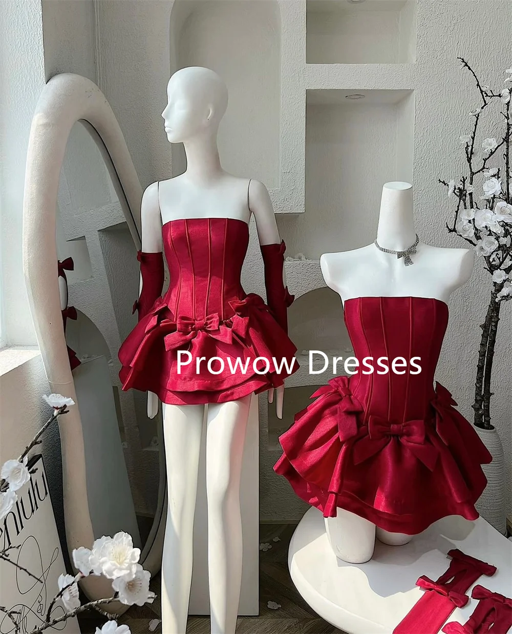 Prowow Strapless Mini Prom Cocktail Dress With Gloves A Line Wedding Party Dress Women Formal Gown