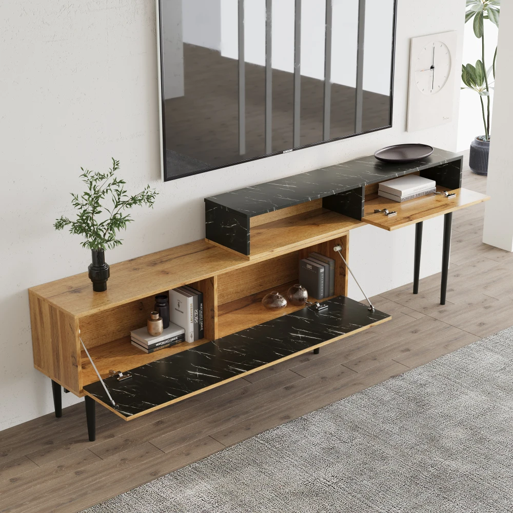 Moderner TV-Ständer aus dunklem Holz mit Marmorplatte – Holzschnitzerei, PVC-Kante und Eisenbeine | Langlebige Konstruktion, ideal für das Wohnzimmer – Detail 4
